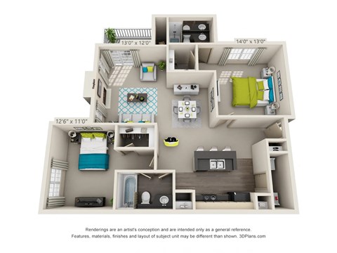 Floor plan for 2 beds, 2 baths, 1042 sqft